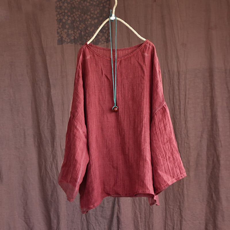 Summer Long Sleeve Thin Linen Retro Loose Blouse Jul 2022 New Arrival Red One Size 