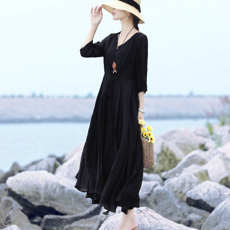 Summer Long Sleeve Vintage Solid Dress