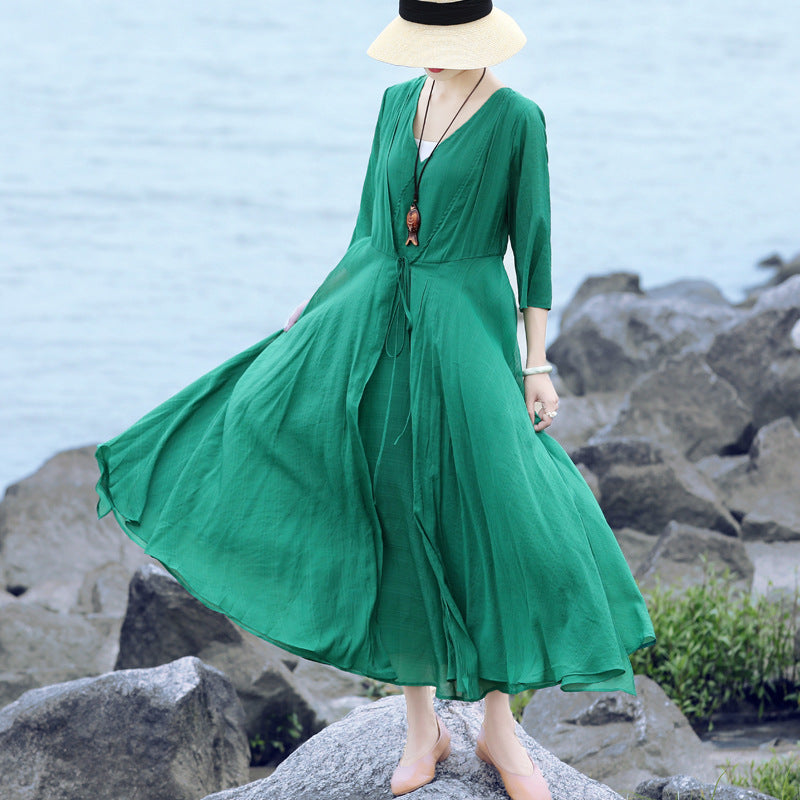 Summer Long Sleeve Vintage Solid Dress