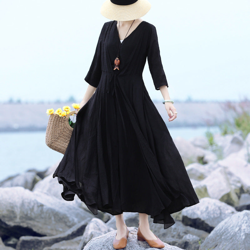 Summer Long Sleeve Vintage Solid Dress Apr 2022 New Arrival Black One Size 
