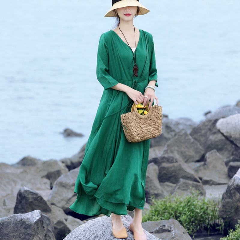 Summer Long Sleeve Vintage Solid Dress Apr 2022 New Arrival Green One Size 