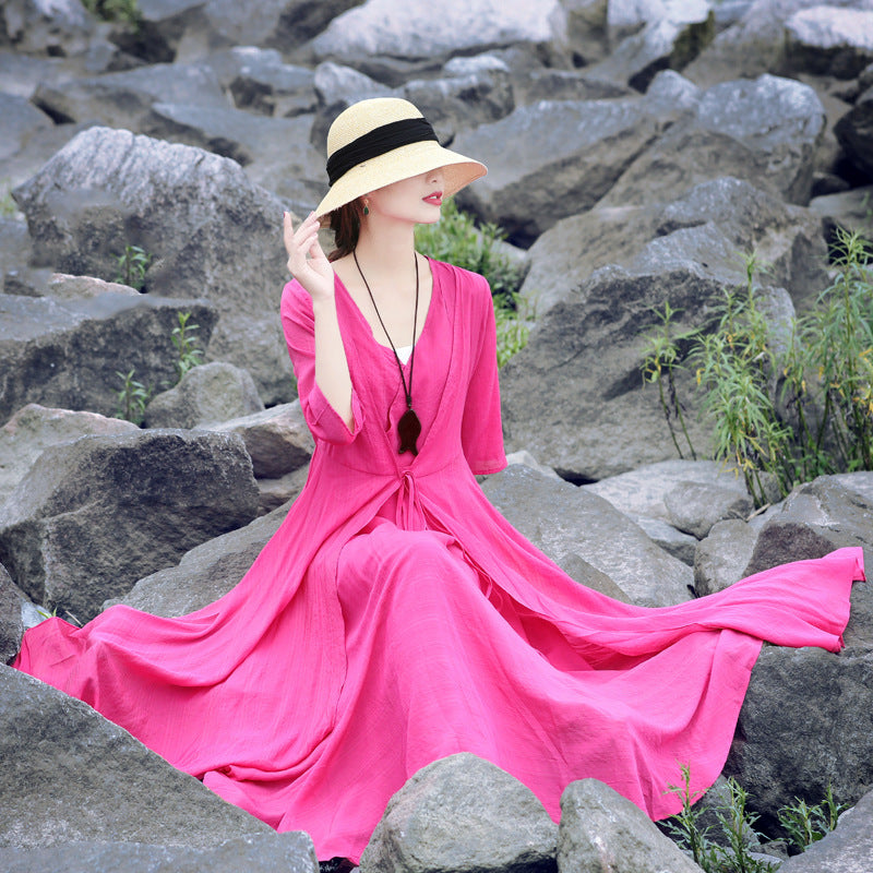 Summer Long Sleeve Vintage Solid Dress Apr 2022 New Arrival Rose Red One Size 