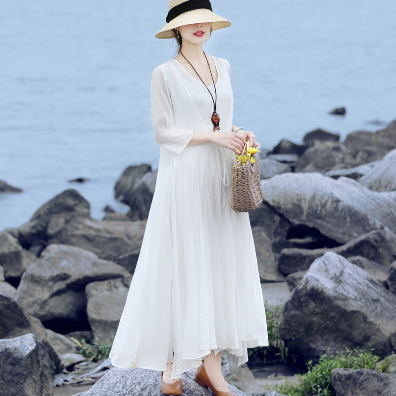Summer Long Sleeve Vintage Solid Dress Apr 2022 New Arrival White One Size 