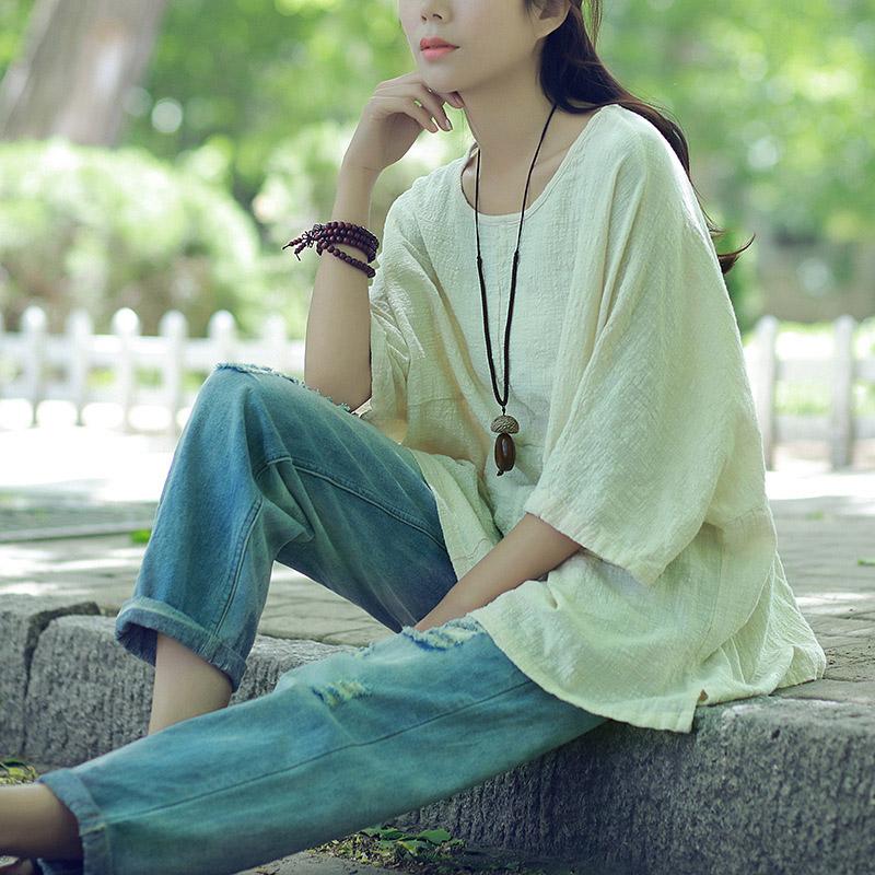 Summer Long Sleeve Women's Linen Cotton Blouse