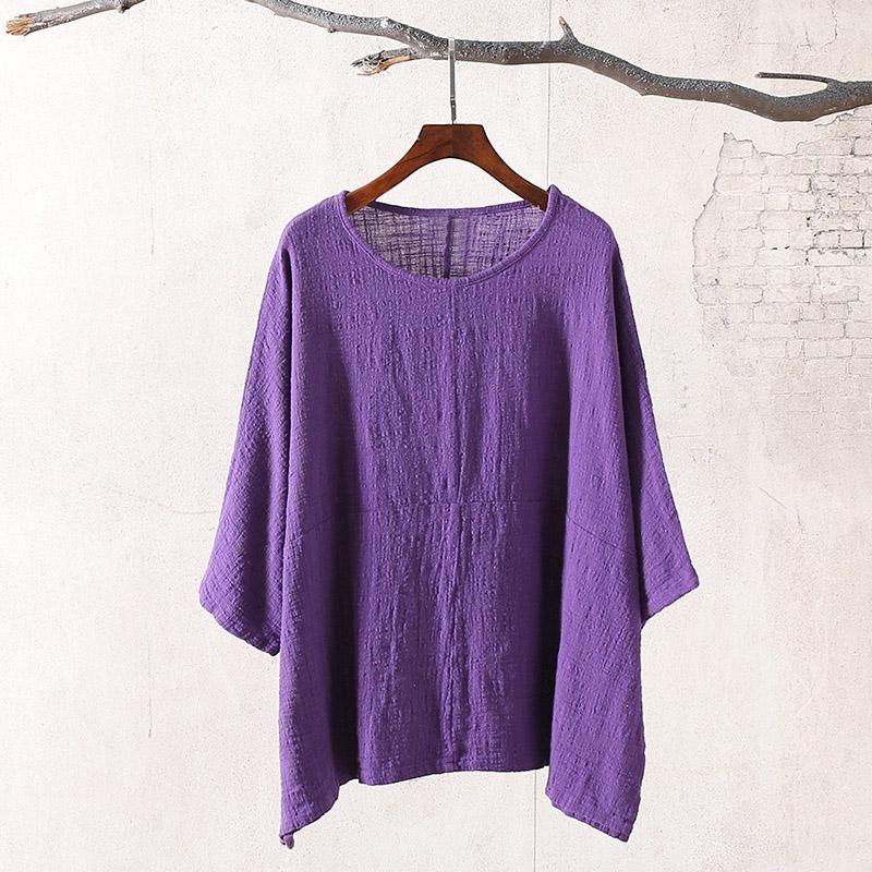 Summer Long Sleeve Women's Linen Cotton Blouse March 2021 New-Arrival One Size Purple 