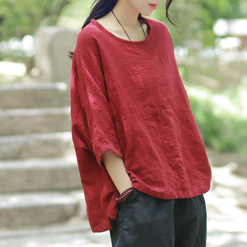 Summer Long Sleeve Women's Linen Cotton Blouse March 2021 New-Arrival One Size Red 