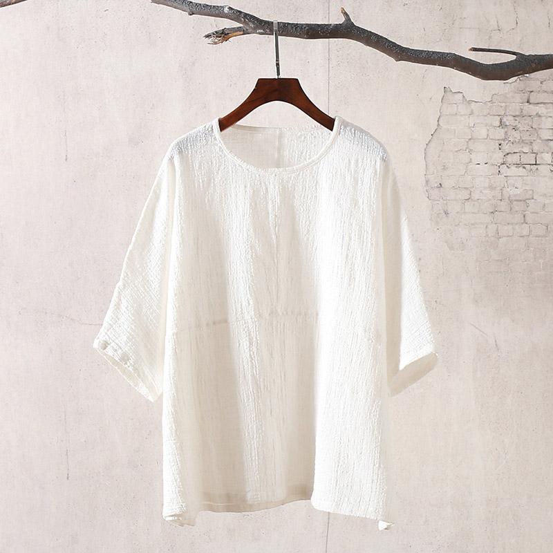 Summer Long Sleeve Women's Linen Cotton Blouse March 2021 New-Arrival One Size White 