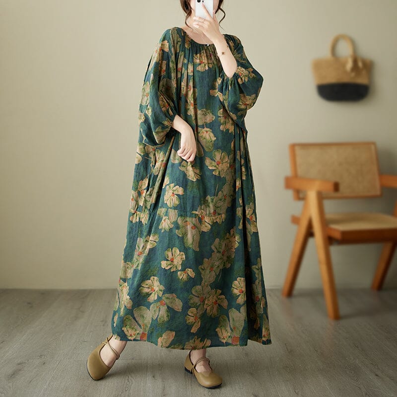 Summer Loose Casual Floral Cotton Linen Dress Plus Size Jul 2023 New Arrival One Size Green 