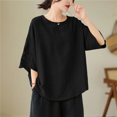 Summer Loose Casual Lace Patchwork T-Shirt Jul 2023 New Arrival One Size Black 