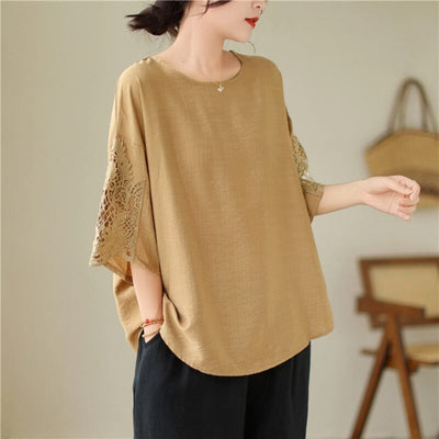 Summer Loose Casual Lace Patchwork T-Shirt Jul 2023 New Arrival One Size Khaki 