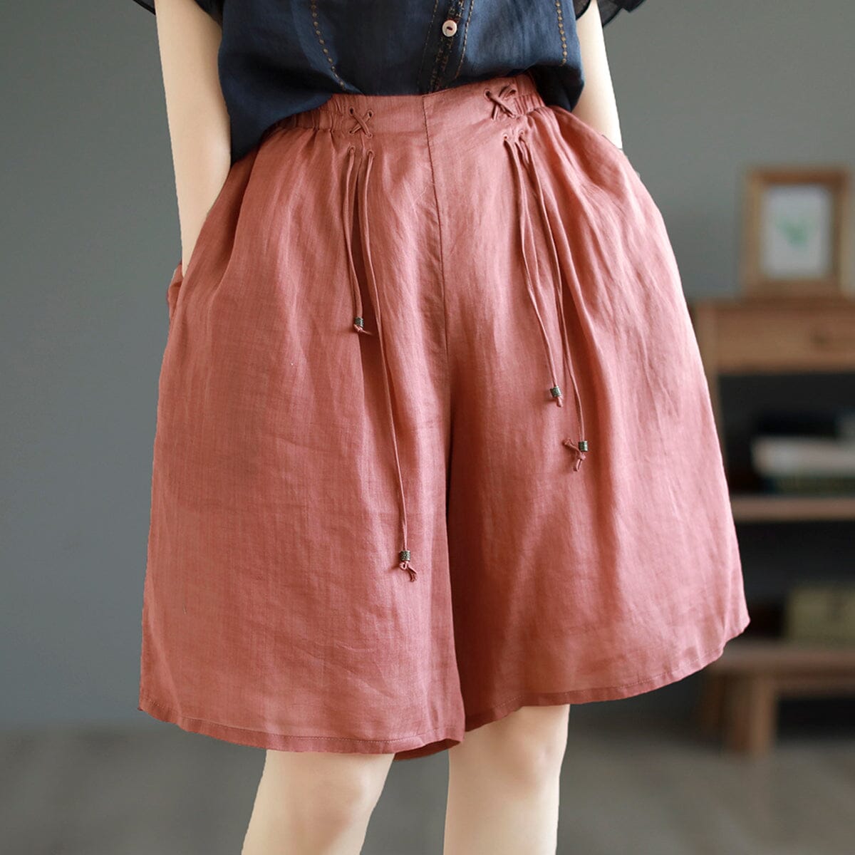 Summer Loose Casual Linen Double Layers Shorts May 2023 New Arrival One Size Orange 