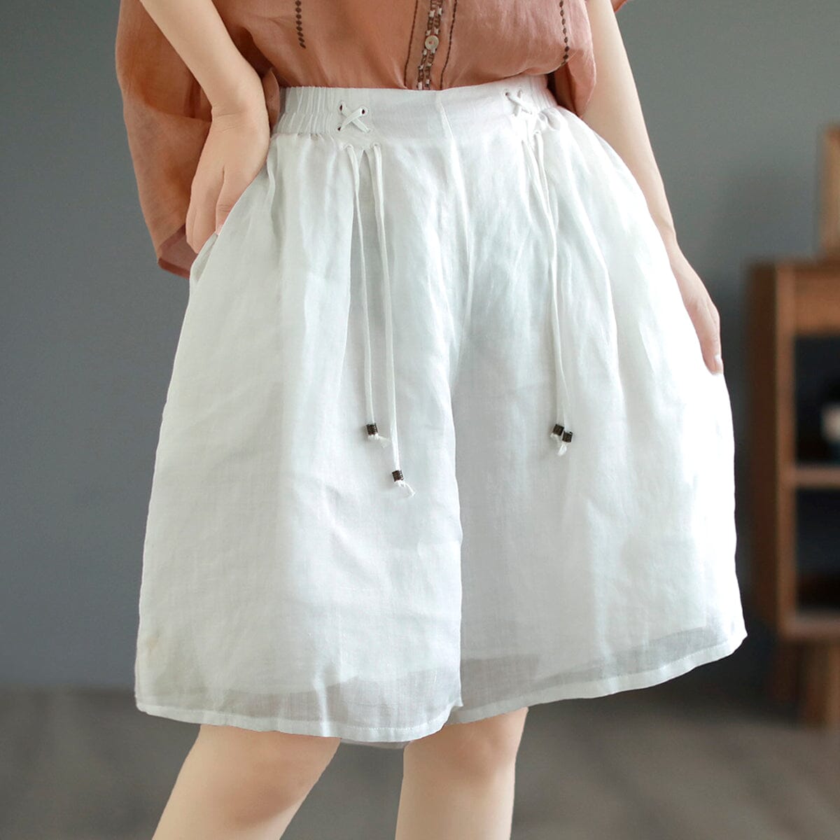 Summer Loose Casual Linen Double Layers Shorts May 2023 New Arrival One Size White 