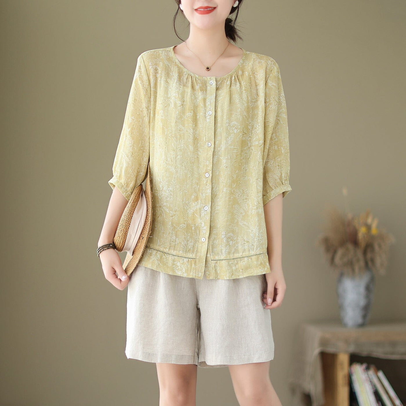 Summer Loose Casual Minimalist Linen Blouse May 2023 New Arrival One Size Blue 