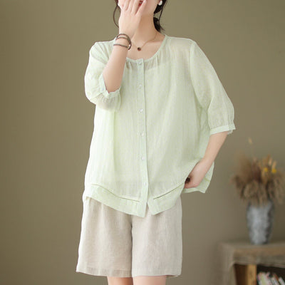 Summer Loose Casual Minimalist Linen Blouse May 2023 New Arrival One Size Green 