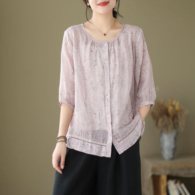 Summer Loose Casual Minimalist Linen Blouse May 2023 New Arrival One Size Purple 