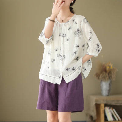 Summer Loose Casual Minimalist Linen Blouse May 2023 New Arrival One Size White 