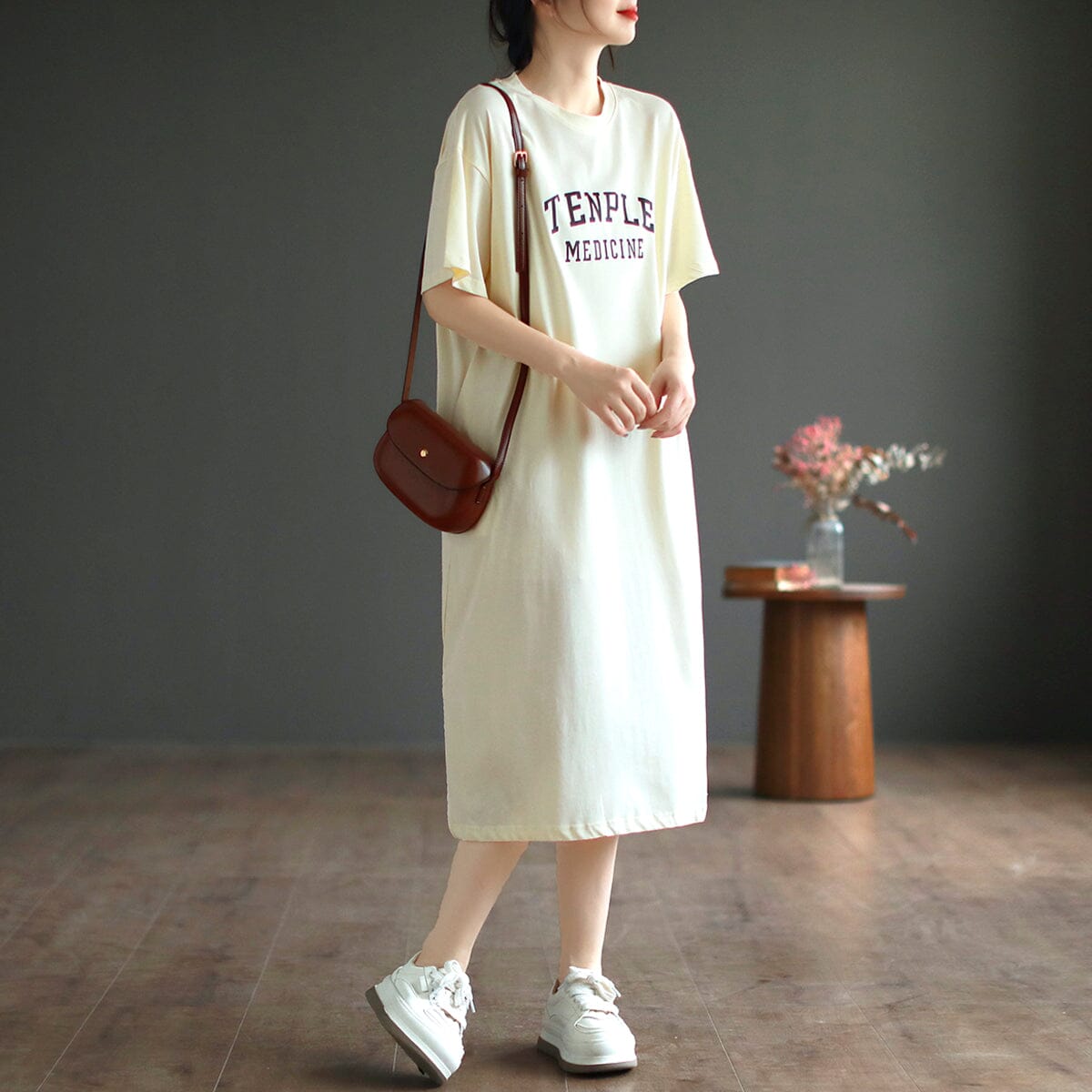 Summer Loose Casual Print Short Sleeve Dress Apr 2023 New Arrival One Size Beige 