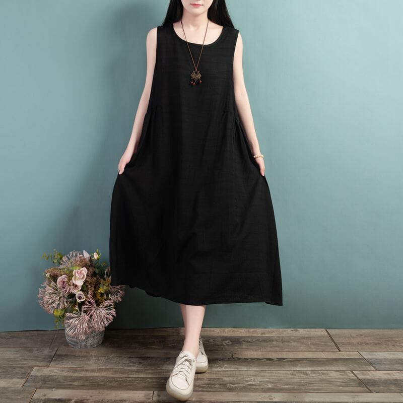 Summer Loose Casual Sleeveless Cotton Linen Dress Mar 2023 New Arrival One Size Black 