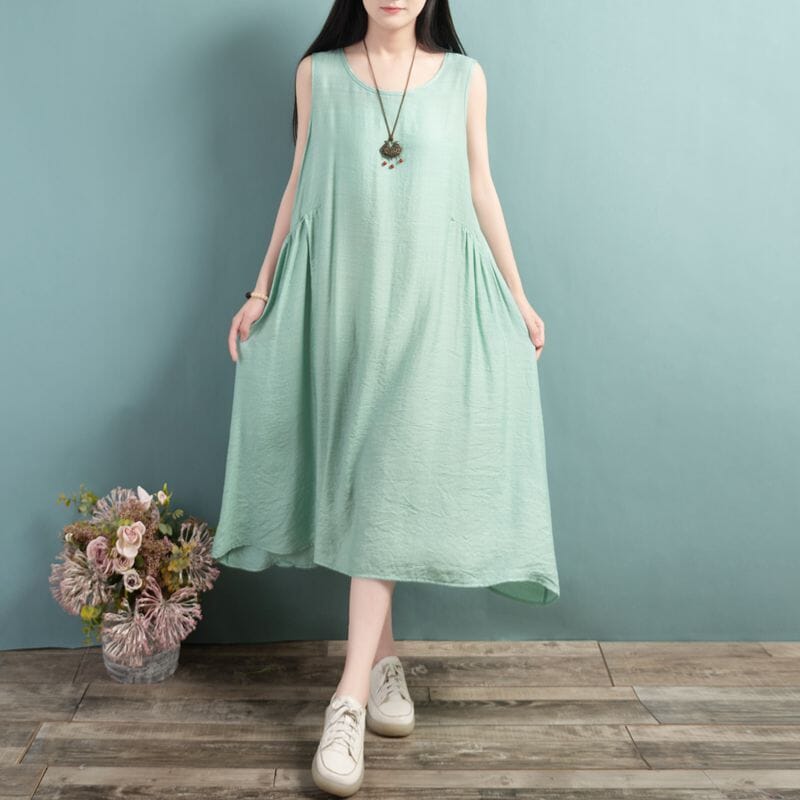 Summer Loose Casual Sleeveless Cotton Linen Dress Mar 2023 New Arrival One Size Green 