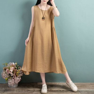 Summer Loose Casual Sleeveless Cotton Linen Dress Mar 2023 New Arrival One Size Khaki 