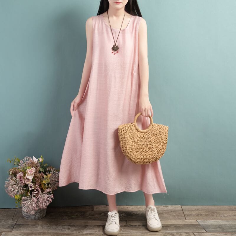 Summer Loose Casual Sleeveless Cotton Linen Dress Mar 2023 New Arrival One Size Light Pink 