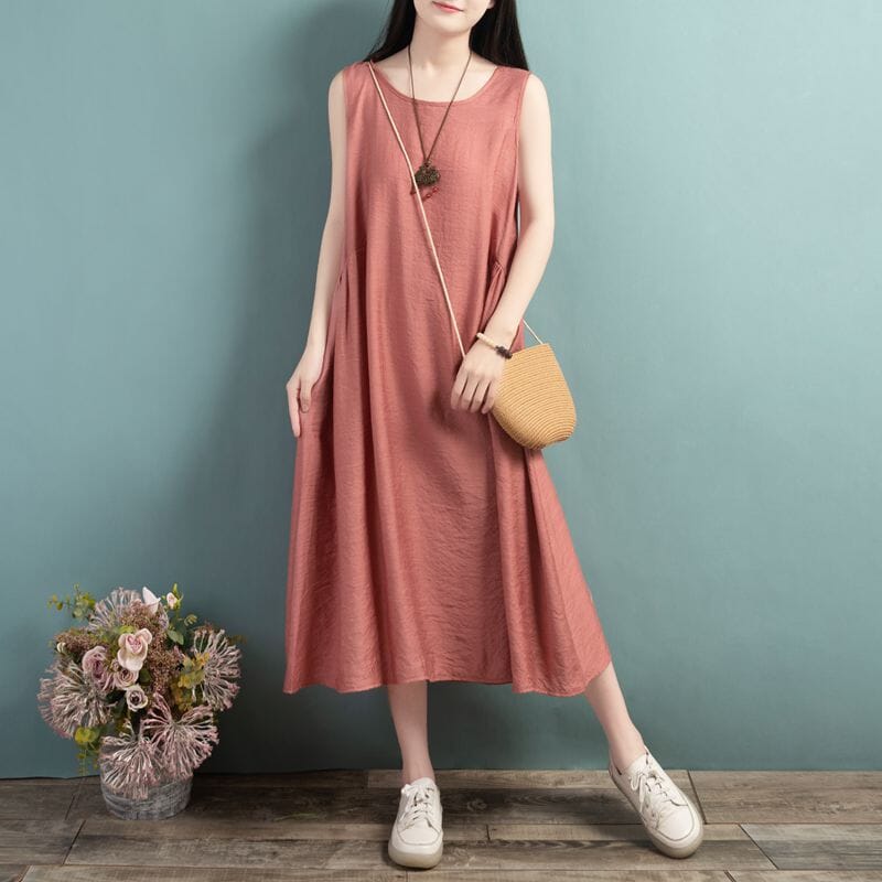 Summer Loose Casual Sleeveless Cotton Linen Dress Mar 2023 New Arrival One Size Pink 