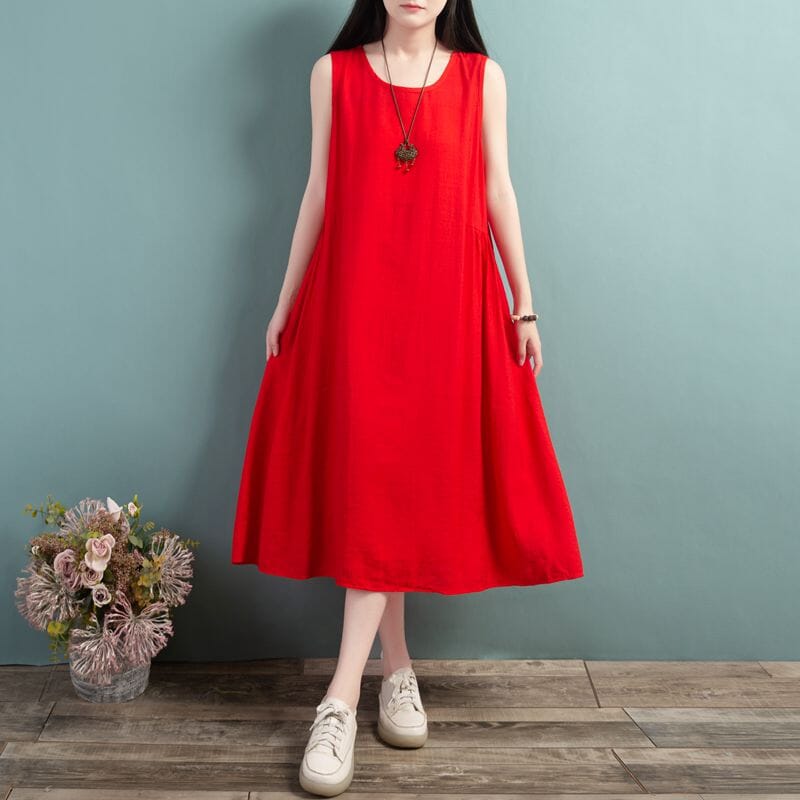 Summer Loose Casual Sleeveless Cotton Linen Dress Mar 2023 New Arrival One Size Red 