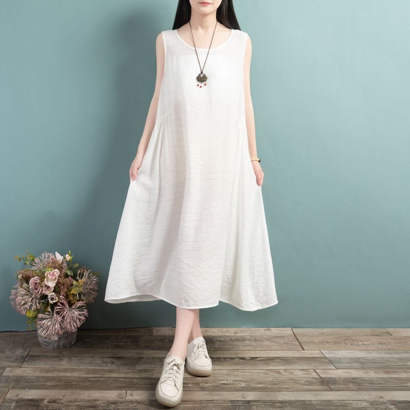 Summer Loose Casual Sleeveless Cotton Linen Dress Mar 2023 New Arrival One Size White 