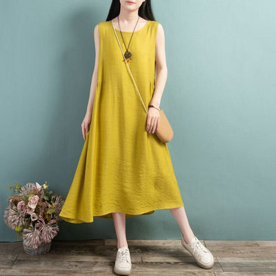Summer Loose Casual Sleeveless Cotton Linen Dress Mar 2023 New Arrival One Size Yellow 
