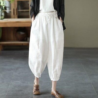 Summer Loose Casual Solid Linen Bloomers May 2023 New Arrival White One size 