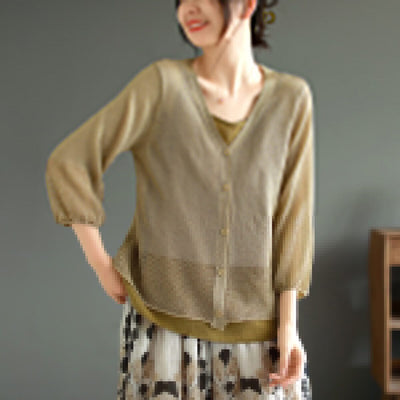Summer Loose Casual Thin Linen V-Neck Blouse May 2023 New Arrival One Size Khaki 