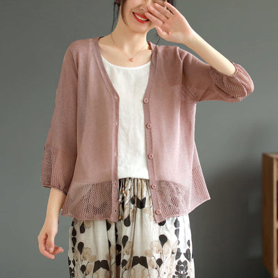 Summer Loose Casual Thin Linen V-Neck Blouse May 2023 New Arrival One Size Pink 