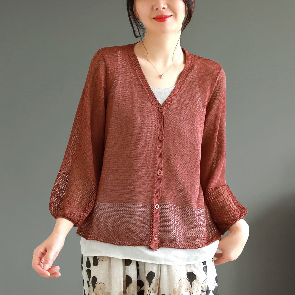 Summer Loose Casual Thin Linen V-Neck Blouse May 2023 New Arrival One Size Red 