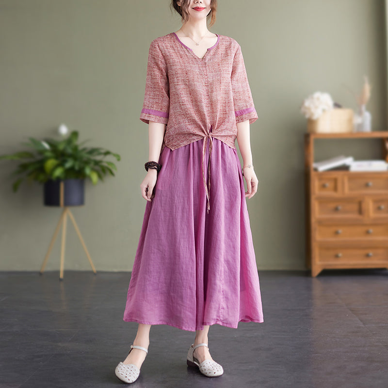 Summer Loose Cotton Linen Women Retro Set May 2022 New Arrival M Pink 