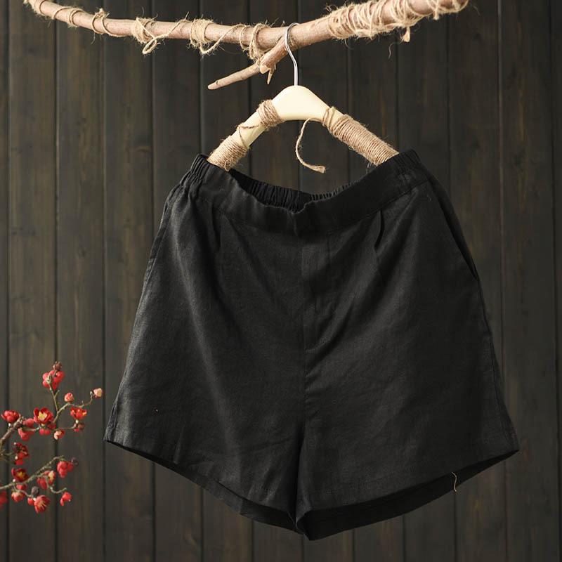 Summer Loose Elastic Waist Solid Linen Shorts July 2021 New-Arrival Black 