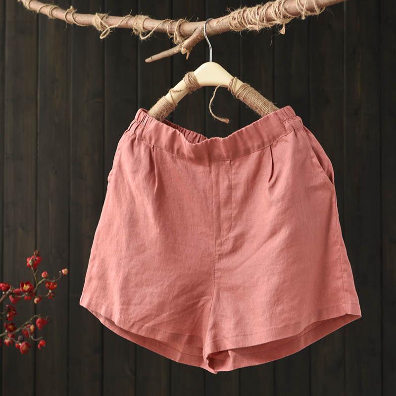 Summer Loose Elastic Waist Solid Linen Shorts July 2021 New-Arrival Pink 