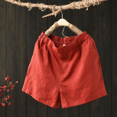 Summer Loose Elastic Waist Solid Linen Shorts July 2021 New-Arrival Red 