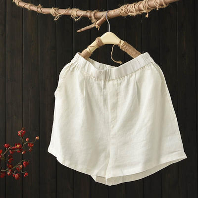 Summer Loose Elastic Waist Solid Linen Shorts July 2021 New-Arrival White 