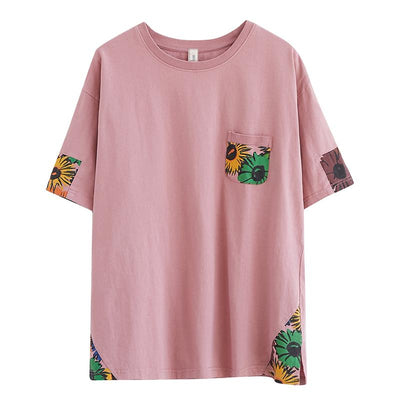Summer Loose Floral Pocket Cotton T-Shirt July 2021 New-Arrival 