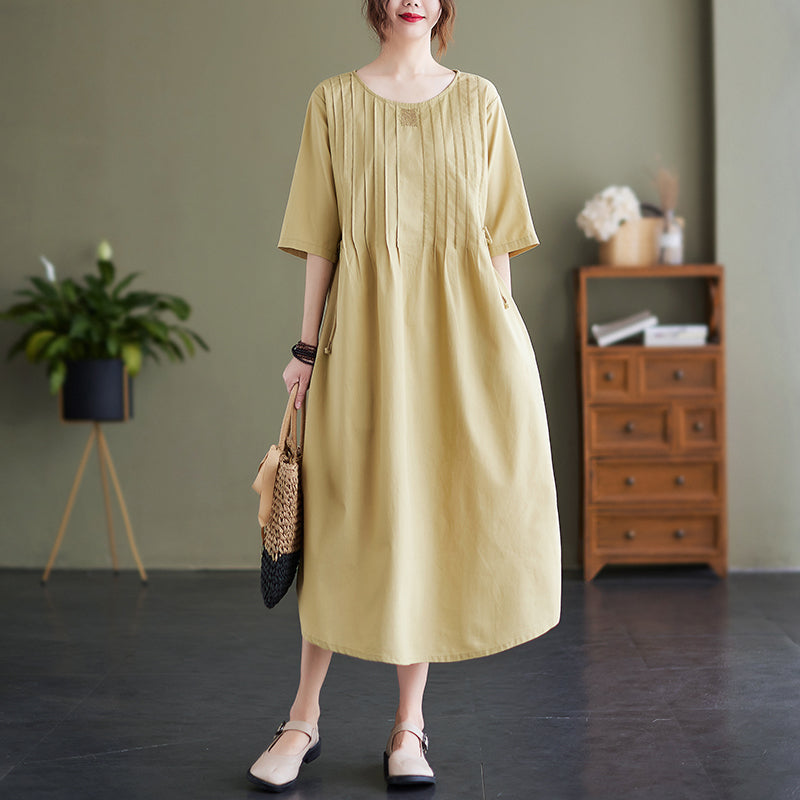 Summer Loose Lacing Waist Cotton Linen Dress Jun 2022 New Arrival M Yellow 