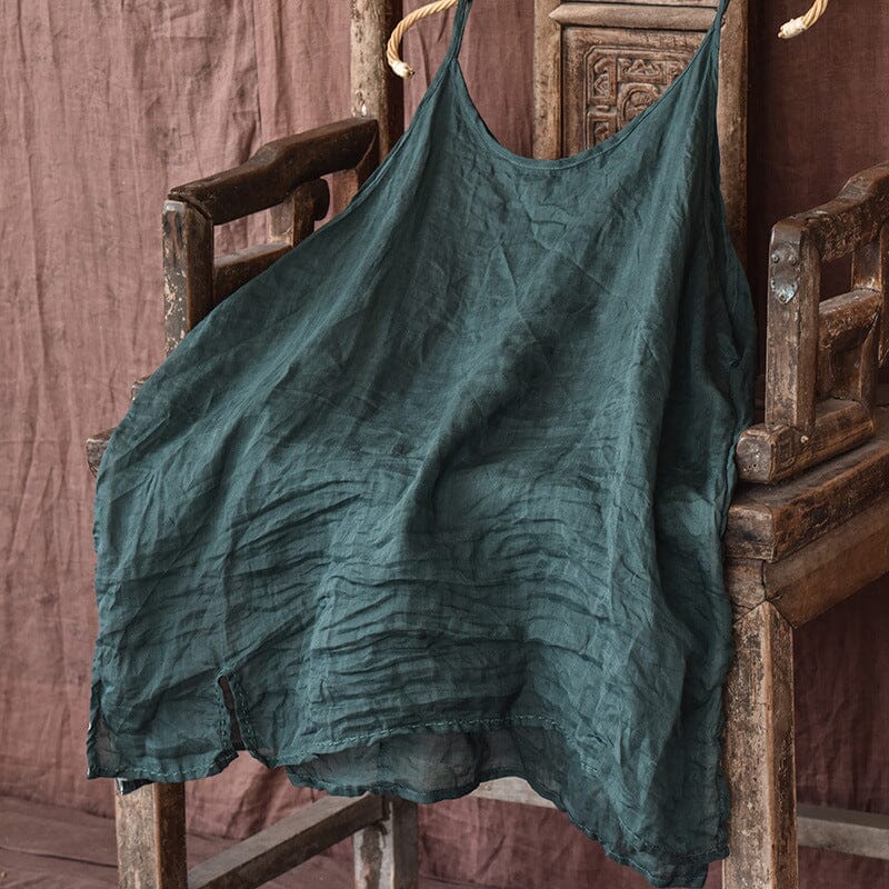 Summer Loose Linen Pleated Retro Vest Mar 2023 New Arrival Dark Green One Size 