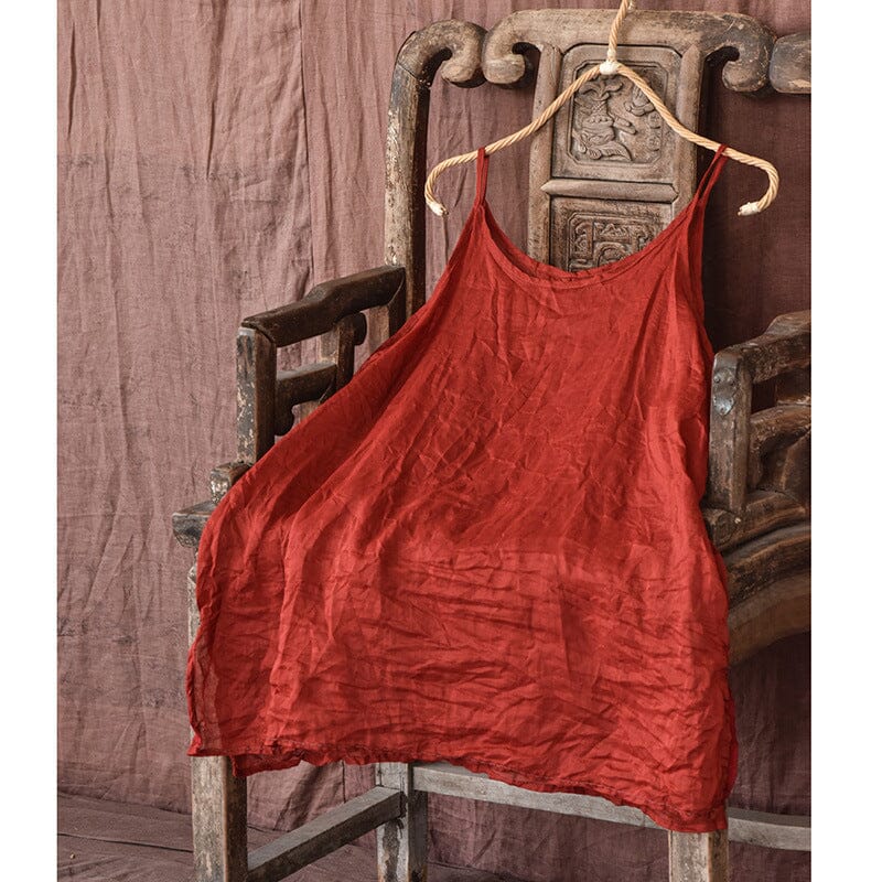 Summer Loose Linen Pleated Retro Vest Mar 2023 New Arrival Red One Size 