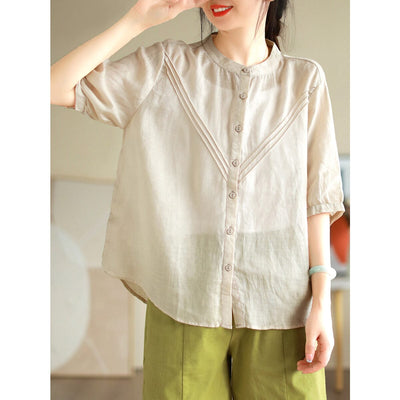 Summer Loose Linen Retro Casual Blouse Jul 2023 New Arrival One Size Beige 