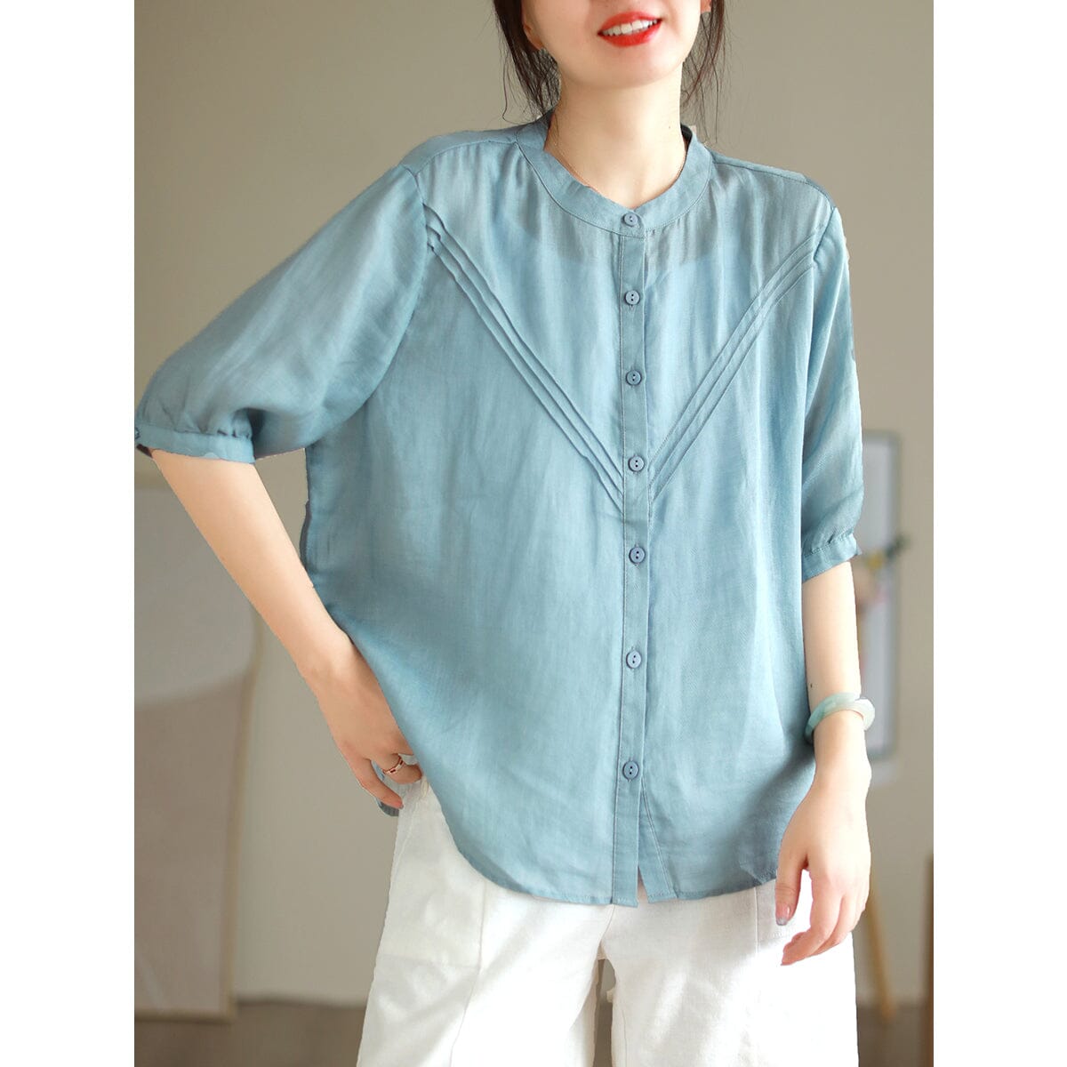 Summer Loose Linen Retro Casual Blouse Jul 2023 New Arrival One Size Blue 