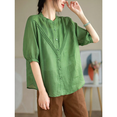 Summer Loose Linen Retro Casual Blouse Jul 2023 New Arrival One Size Green 