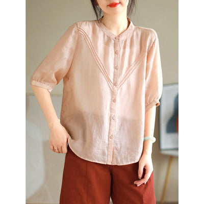 Summer Loose Linen Retro Casual Blouse Jul 2023 New Arrival One Size Pink 