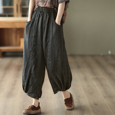 Summer Loose Linen Solid Retro Bloomers Jul 2022 New Arrival Black One Size 