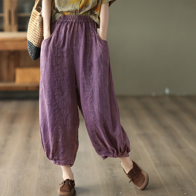 Summer Loose Linen Solid Retro Bloomers Jul 2022 New Arrival Purple One Size 