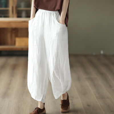 Summer Loose Linen Solid Retro Bloomers Jul 2022 New Arrival White One Size 