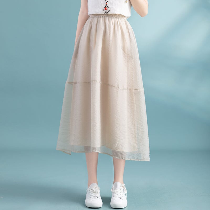 Summer Loose Mesh Casual A-Line Skirt May 2023 New Arrival One Size Beige 